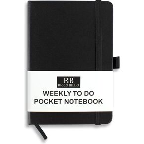 RICCO BELLO Pocket Planner with Weekly to Do Checklist Faux Leather Notebook, Pen Holder, Elastic Band Closure, Ribbon Bookmark, Expandable Storage Pocket, 4.25 x 6 inches, (Black)