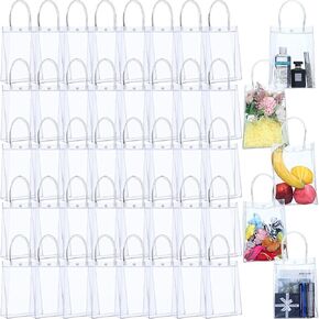 Leinuosen 40 Pieces Clear PVC Gift Bags with Handles Reusable Cute Plastic Bags Transparent Tote Shopping Bags Gift Wrap Bags for Wedding Birthday Valentines Day Party, 8.9 x 6.5 x 2.6 Inch