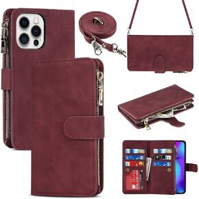iCoverCase iPhone 14 Pro Case with Strap for Women, Crossbody Wallet Case for iPhone 14 Pro with Card Holder, Zipper Purse PU Leather Card Slots Lanyard Flip Cover Case 6.1 Inch (Black)