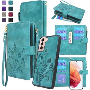 Lacass for Samsung Galaxy S21 5G G991U Case, [12 Card Slots] ID Credit Cash Holder Zipper Pocket Detachable Magnet Leather Wallet Cover with Wrist Strap Lanyard (Floral Blue Green)