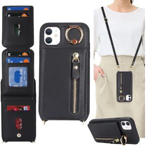 iPhone 11 Case with Card Holder for Women, iPhone 11 Phone Case Wallet with Strap Credit Card Slots Crossbody with Kickstand Zipper Case for iPhone11 - Black