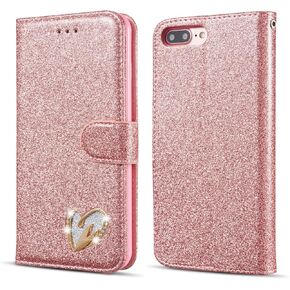 QLTYPRI iPhone 6 Plus Case iPhone 6S Plus Case Wallet Case Bling Shiny Glitter Flip Folio Case Full-Body Protective Cover Card Slots Magnetic Closure Kickstand Wrist Strap - Rose Gold Heart