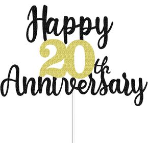 Happy 20th Anniversary Cake Toppers Glitter, Cheers To 20 Years Old Party Decorations 20 Year Anniversary Cake Decor, Twenty Theme Cake Decorations For Wedding Birthday Company Anniversary(Black Gold)