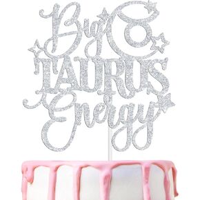 Big Taurus Energy Cake Topper, Happy Birthday Taurus in April/May, Taurus Season, 12 Zodiac Constellation Theme Birthday Party Decoration Supplies, Silver Glitter