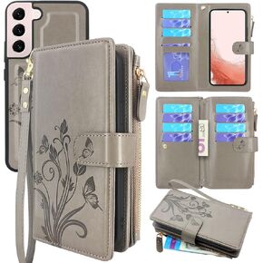حافظة Lacass لهاتف Samsung Galaxy S22 مقاس 6.1 بوصة [12 فتحة للبطاقات] حامل نقدي لبطاقة الهوية وسحاب وجيب ومحفظة جلدية مغناطيسية قابلة للفصل وغطاء حزام المعصم وحقيبة حمل (زهري أزرق أخضر)