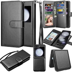 Takfox Galaxy Z Flip 5 Case, for Samsung Z Flip5 5G Wallet Case, Women Men [9 Card Slots] ID Credit Card Holder Folio Flip Cover PU Leather Magnetic Detachable Phone Case [Kickstand] & Lanyard-Black