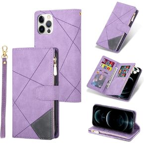 UEEBAI Wallet Case for iPhone 12 Mini 5.4 inch, Retro 9 Card Holder Slots Zipper Pocket Handbag Case PU Leather Magnetic Closure Kickstand with Wrist Strap TPU Shockproof Flip Case - Black