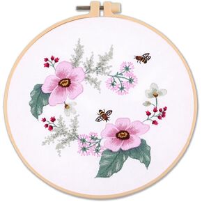Meecaa Bee Flower Embroidery Kit Starter Set, Hand Embroidery Set,Pattern Printed Cross Stitch Set for Beginner Adults, with Embroidery Hoop and Instructions (Bee)