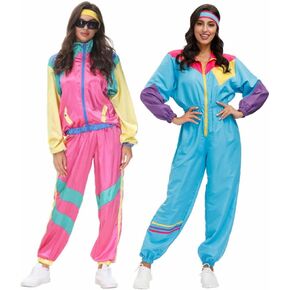 Womens 80s Tracksuit Retro Hip Hop Windbreaker Women Disco Tracksuit Sets Colorblock One Piece Outfits Set