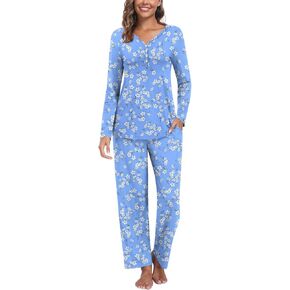 Findsweet Womens Fall Pajama Sets 2 Piece Lounge Sleepwear Long Sleeve Soft Pjs Top Comfy Pjs Pants with Pockets