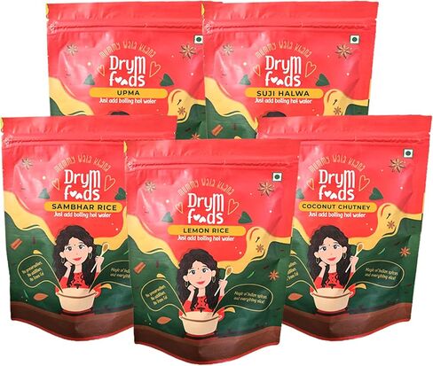 The DryM Foods طعام هندي مغذٍ ولذيذ محلي الصنع | وجبات جاهزة للأكل | أوبما، سوجي حلوة، أرز سامبهار، أرز بالليمون وصلصة جوز الهند | سريعة وسهلة الصنع، مجموعة مكونة من 5 قطع من الأطعمة الصحية الفورية in Saudi Arabia