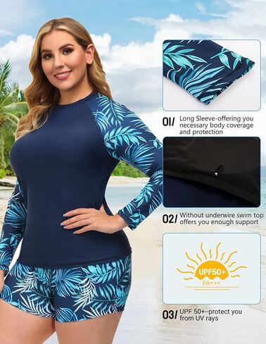 Hanna Nikole Women Plus Size Two Piece Rash Guard Long Sleeve Swimsuits Sun Protection Swim Shirt with Boyshort Bottom in Saudi Arabia