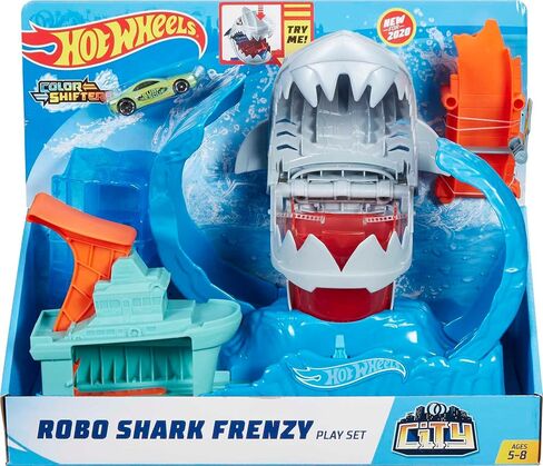 Hot Wheels Toy Car Track Set, Robo Shark Frenzy Playset & Color Shifters Car in 1:64 Scale, Vehicle Changes Colors in Very Warm & Icy Cold Water in Saudi Arabia