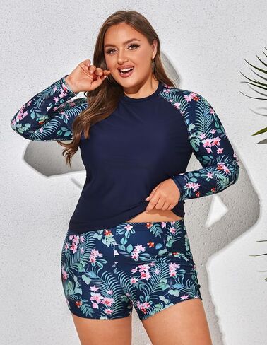 Hanna Nikole Women Plus Size Two Piece Rash Guard Long Sleeve Swimsuits Sun Protection Swim Shirt with Boyshort Bottom in Saudi Arabia
