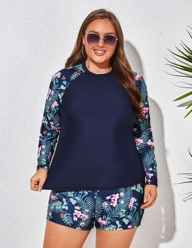 Hanna Nikole Women Plus Size Two Piece Rash Guard Long Sleeve Swimsuits Sun Protection Swim Shirt with Boyshort Bottom in Saudi Arabia