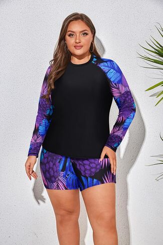 Hanna Nikole Women Plus Size Two Piece Rash Guard Long Sleeve Swimsuits Sun Protection Swim Shirt with Boyshort Bottom in Saudi Arabia