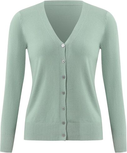 سترة نسائية كارديجان بياقة V محبوكة وأكمام طويلة وأزرار بلون سادة، سترات كاجوال in Kuwait