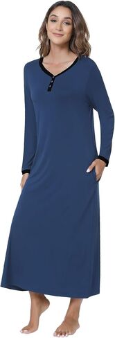 NACHILA المرأة ثوب النوم الخيزران قمصان النوم طويلة الأكمام ملابس خاصة كامل طول هينلي فستان النوم S-4XL in Kuwait