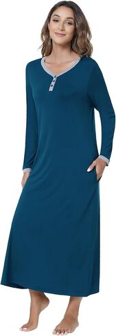 NACHILA Women's Nightgown Bamboo Sleepshirts Long Sleeve Sleepwear Full Length Henley Sleep Dress S-4XL in Kuwait