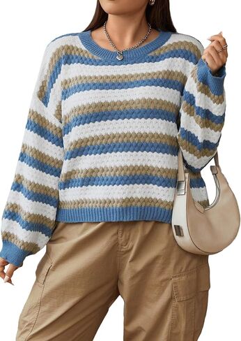 GORGLITTER Women's Plus Color Block Sweater Drop Shoulder Long Sleeve Sweaters in Saudi Arabia