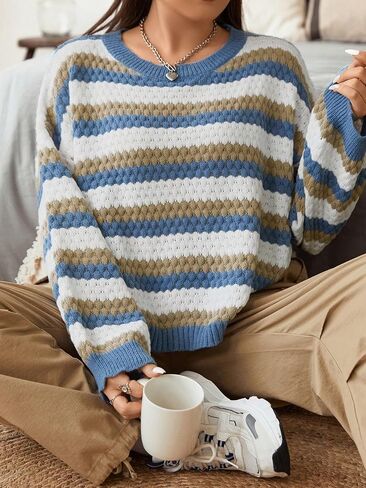 GORGLITTER Women's Plus Color Block Sweater Drop Shoulder Long Sleeve Sweaters in Saudi Arabia