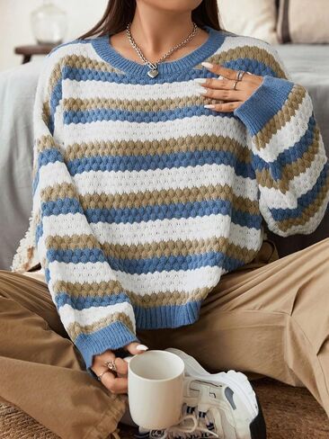 GORGLITTER Women's Plus Color Block Sweater Drop Shoulder Long Sleeve Sweaters in Saudi Arabia