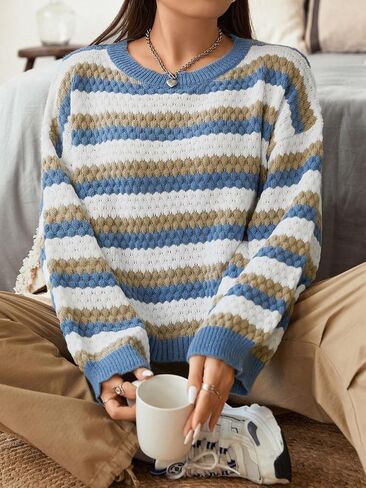 GORGLITTER Women's Plus Color Block Sweater Drop Shoulder Long Sleeve Sweaters in Saudi Arabia