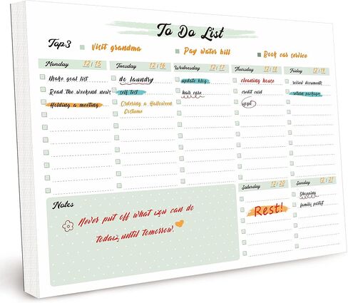 Weekly To Do List Notepad - 52 Tear Off Sheets Weekly Planner Notepad with Checklist, Top Priority & Notes Sections for Added Efficiency, 8.5 x 11 Inch (Green) in Saudi Arabia