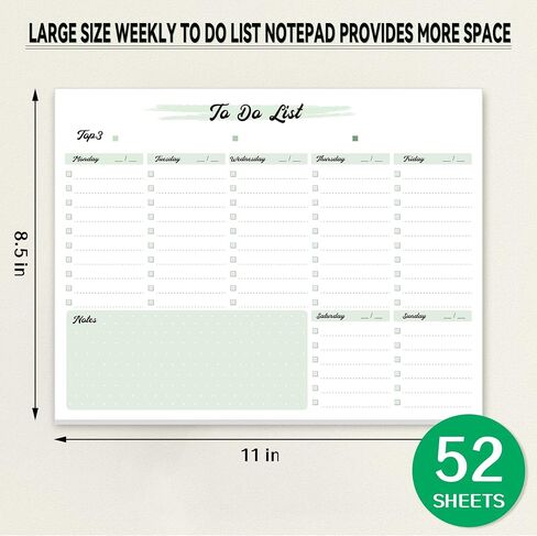 Weekly To Do List Notepad - 52 Tear Off Sheets Weekly Planner Notepad with Checklist, Top Priority & Notes Sections for Added Efficiency, 8.5 x 11 Inch (Green) in Saudi Arabia