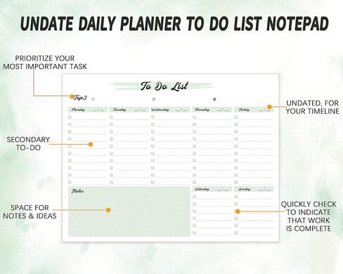 Weekly To Do List Notepad - 52 Tear Off Sheets Weekly Planner Notepad with Checklist, Top Priority & Notes Sections for Added Efficiency, 8.5 x 11 Inch (Green) in Saudi Arabia