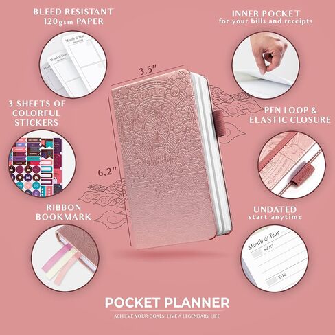 Legend Planner Pocket – Small Undated Monthly & Weekly Goal Journal and Calendar for Productivity, Mini Life Organizer Planner Perfect for Purse, Size: 3.5" x 6.2" Hardcover – Rose Gold in Kuwait