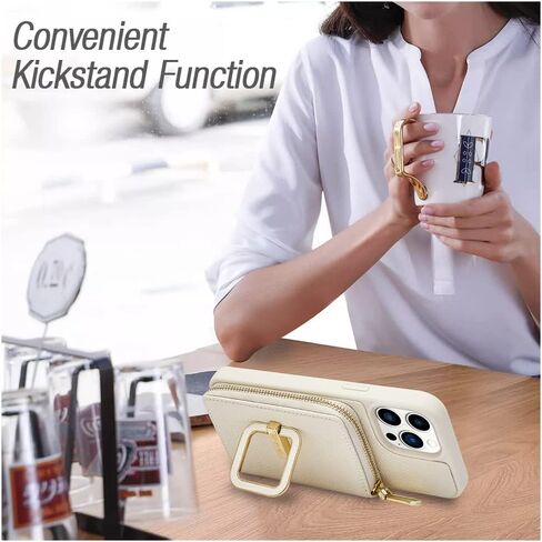 حافظة ZVE لهاتف iPhone 13 Pro Max مع حامل مربع يدور 180 درجة، حافظة هاتف جلدية بسحاب مع سلسلة معصم حامل بطاقة RFID، هدية محفظة لهاتف iPhone 13 Pro Max (6.7 بوصة) - بيج in Kuwait