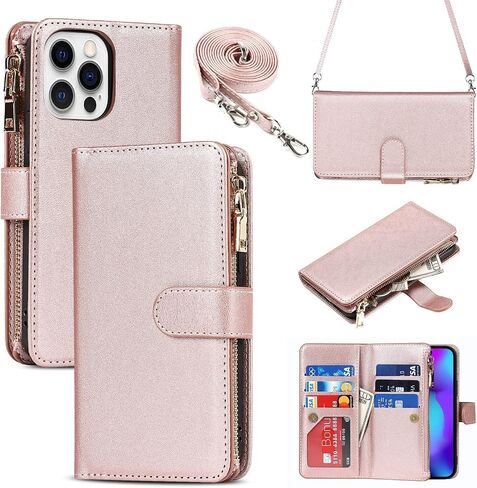 iCoverCase متوافق مع iPhone 14 Pro Crossbody Case مع حزام للنساء، حافظة هاتف محفظة مع حامل بطاقة، محفظة بسحاب من جلد البولي يوريثان حافظة بغطاء قلاب 6.1 بوصة (أسود) in Kuwait