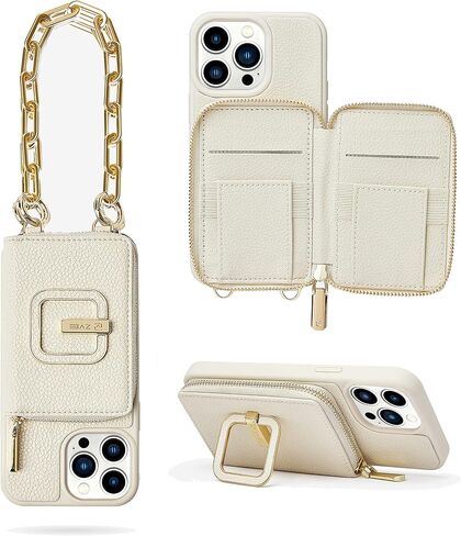 حافظة ZVE لهاتف iPhone 13 Pro Max مع حامل مربع يدور 180 درجة، حافظة هاتف جلدية بسحاب مع سلسلة معصم حامل بطاقة RFID، هدية محفظة لهاتف iPhone 13 Pro Max (6.7 بوصة) - بيج in Kuwait