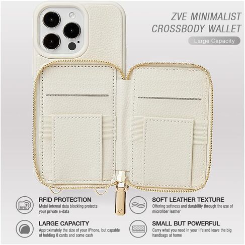 حافظة ZVE لهاتف iPhone 13 Pro Max مع حامل مربع يدور 180 درجة، حافظة هاتف جلدية بسحاب مع سلسلة معصم حامل بطاقة RFID، هدية محفظة لهاتف iPhone 13 Pro Max (6.7 بوصة) - بيج in Kuwait