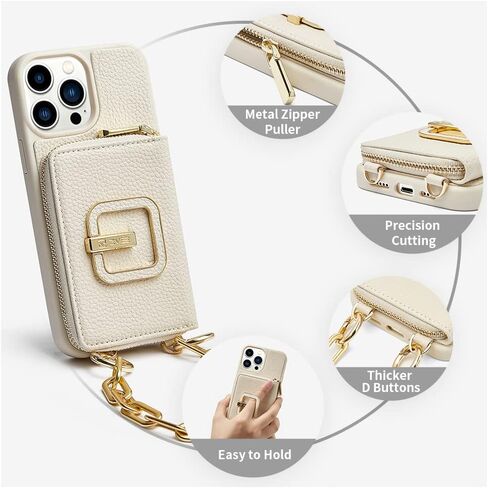 حافظة ZVE لهاتف iPhone 13 Pro Max مع حامل مربع يدور 180 درجة، حافظة هاتف جلدية بسحاب مع سلسلة معصم حامل بطاقة RFID، هدية محفظة لهاتف iPhone 13 Pro Max (6.7 بوصة) - بيج in Kuwait