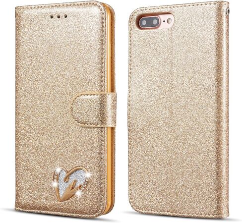 حافظة QLTYPRI لهاتف iPhone 7 Plus/iPhone 8 Plus، حافظة محفظة لامعة لامعة قابلة للطي، حافظة حماية لكامل الجسم، فتحات بطاقة إغلاق مغناطيسي، مسند معصم للنساء والفتيات - ذهبي in Saudi Arabia