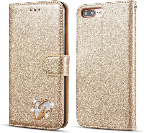حافظة QLTYPRI لهاتف iPhone 7 Plus/iPhone 8 Plus، حافظة محفظة لامعة لامعة قابلة للطي، حافظة حماية لكامل الجسم، فتحات بطاقة إغلاق مغناطيسي، مسند معصم للنساء والفتيات - ذهبي in Saudi Arabia