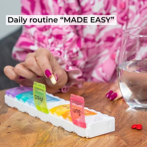 حقيبة حبوب دواء كبيرة لمدة 7 أيام من Made Easy Kit - منظم أدوية أسبوعي مع مقصورات زنبركية - تصميم زر كبير سهل الفتح (أبيض، 7 أقسام) in Saudi Arabia