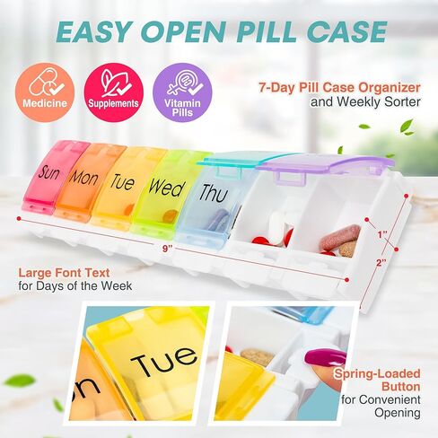 حقيبة حبوب دواء كبيرة لمدة 7 أيام من Made Easy Kit - منظم أدوية أسبوعي مع مقصورات زنبركية - تصميم زر كبير سهل الفتح (أبيض، 7 أقسام) in Saudi Arabia