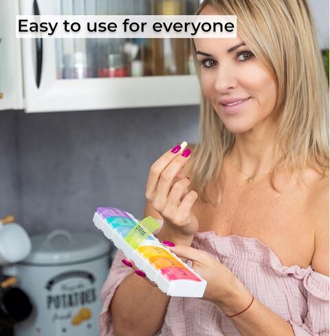 حقيبة حبوب دواء كبيرة لمدة 7 أيام من Made Easy Kit - منظم أدوية أسبوعي مع مقصورات زنبركية - تصميم زر كبير سهل الفتح (أبيض، 7 أقسام) in Saudi Arabia