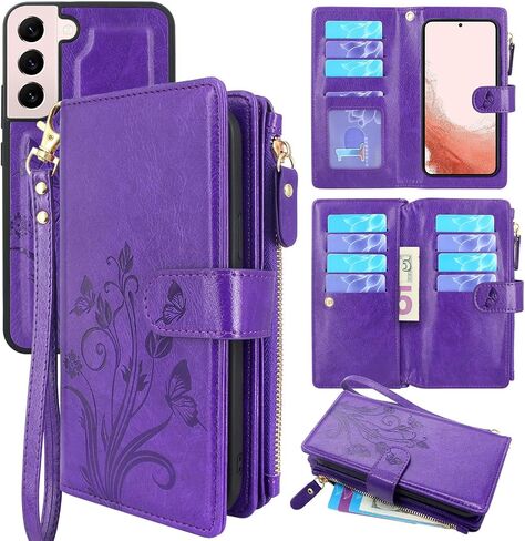Lacass for Samsung Galaxy S22 Case [12 Card Slots] ID Credit Cash Holder Holder Zipper Pocket Detachable Magnet Leather Wallet Cover Wrist Strap Lanyard Carrying Pouch(Butterfly Light Purple) in Kuwait