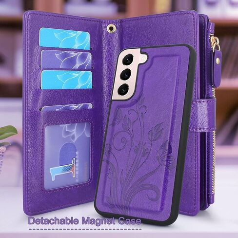 Lacass for Samsung Galaxy S22 Case [12 Card Slots] ID Credit Cash Holder Holder Zipper Pocket Detachable Magnet Leather Wallet Cover Wrist Strap Lanyard Carrying Pouch(Butterfly Light Purple) in Kuwait