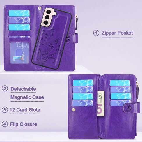 Lacass for Samsung Galaxy S22 Case [12 Card Slots] ID Credit Cash Holder Holder Zipper Pocket Detachable Magnet Leather Wallet Cover Wrist Strap Lanyard Carrying Pouch(Butterfly Light Purple) in Kuwait