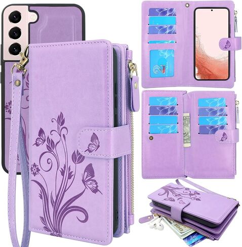 Lacass for Samsung Galaxy S22 Case [12 Card Slots] ID Credit Cash Holder Holder Zipper Pocket Detachable Magnet Leather Wallet Cover Wrist Strap Lanyard Carrying Pouch(Butterfly Light Purple) in Kuwait