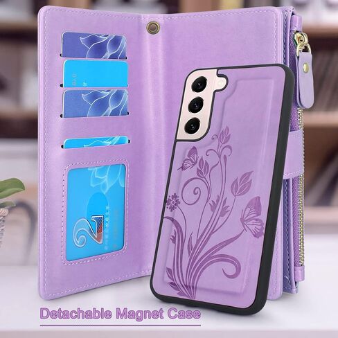 Lacass for Samsung Galaxy S22 Case [12 Card Slots] ID Credit Cash Holder Holder Zipper Pocket Detachable Magnet Leather Wallet Cover Wrist Strap Lanyard Carrying Pouch(Butterfly Light Purple) in Kuwait