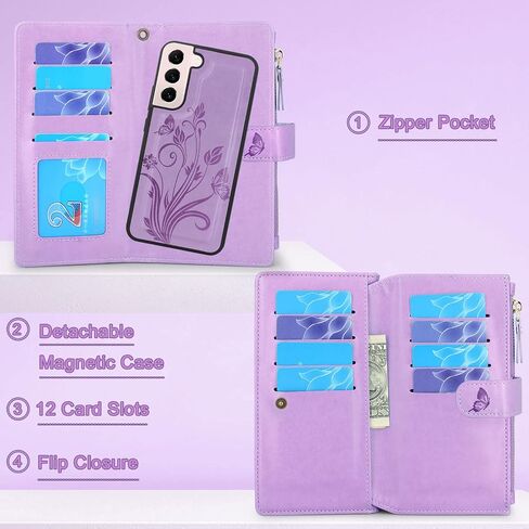 Lacass for Samsung Galaxy S22 Case [12 Card Slots] ID Credit Cash Holder Holder Zipper Pocket Detachable Magnet Leather Wallet Cover Wrist Strap Lanyard Carrying Pouch(Butterfly Light Purple) in Kuwait