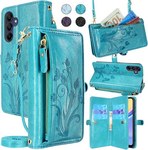 Lacass for Samsung Galaxy A15 5G Case Wallet,[Cards Theft Scan Protection] Card Holder Zipper Leather Flip Cover Crossbody Wrist Strap with Stand for Galaxy A15 Phone case(Black) in Saudi Arabia