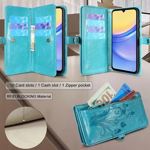 Lacass for Samsung Galaxy A15 5G Case Wallet,[Cards Theft Scan Protection] Card Holder Zipper Leather Flip Cover Crossbody Wrist Strap with Stand for Galaxy A15 Phone case(Black) in Saudi Arabia