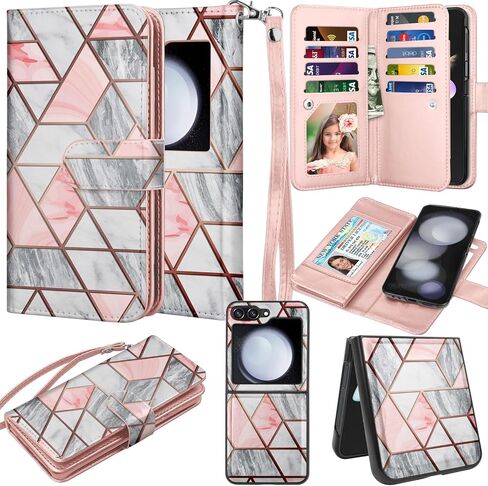 حافظة Takfox Galaxy Z Flip 5، لهاتف Samsung Z Flip5 5G، حافظة محفظة، للنساء والرجال [9 فتحات للبطاقات] حامل بطاقة الائتمان وغطاء قابل للطي من جلد البولي يوريثان، حافظة هاتف مغناطيسية قابلة للفصل [مسند] وحبل من الرخام in Kuwait